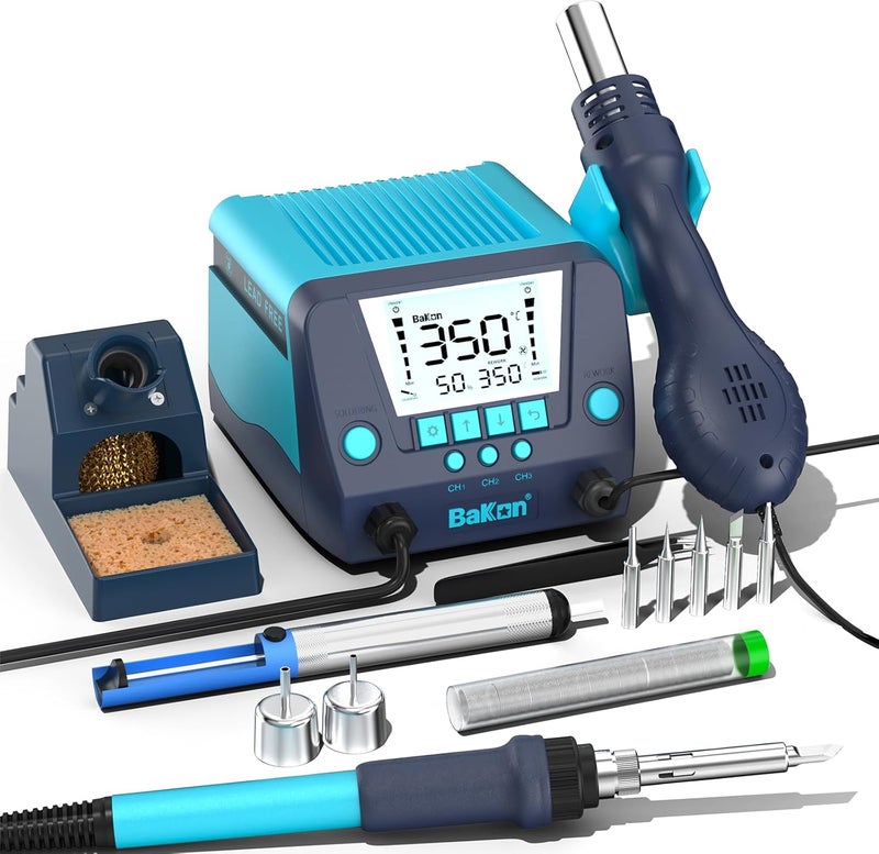 BAKON 882 2-In-1 Digital Soldering Hot Air Rework Station Kit with 3 Preset Channels,Auto Sleep Solder Iron, °C/°F Conversion,Solder Wire, Tips,Tweezers, Nozzles,Solder Sucker - Image 1